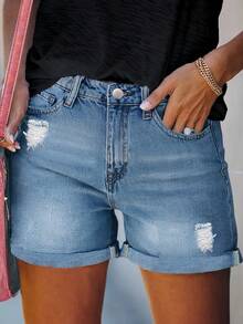 Casual Street Style Women Loose Denim Wide Leg Shorts, Fashion Summer - Dark Wash - View 4