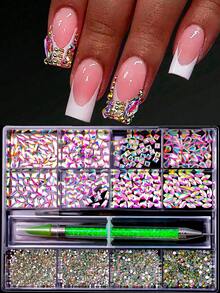Juego de 12 rejillas con diamantes de cristal 3D brillantes de colores mixtos para decoración de uñas, accesorios de joyería de moda para decoración de uñas, accesorios de decoración para diseño de uñas de fiesta y baile