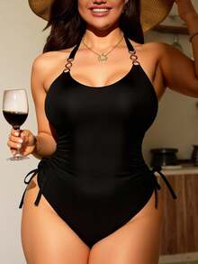 Swim Chiccia Summer Beach Plus Size Solid Color One-Piece Swimsuit With Drawstring