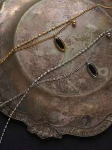 1pc Vintage French Style Titanium Steel Chain Oval Pendant Necklace, Fashionable Minimalist Choker Necklace, Elegant Elegant Neck Accessory