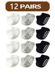 3pcs/6pcs/12pcs Baby Non-Slip Floor Socks, Black White Gray Polka Dot Pattern Boat Socks, Suitable For Daily Wear, 0-4 Years Old