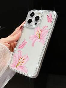 1 pieza Funda de teléfono de silicona suave transparente con estilo Ins con rhinestones, con patrón rosa Lily y mariposa, cubierta protectora brillante de pantalla completa compatible con I Max 11/12/13/1416 Pro Max/X/XXS/ XR/16E, adecuado para mujeres