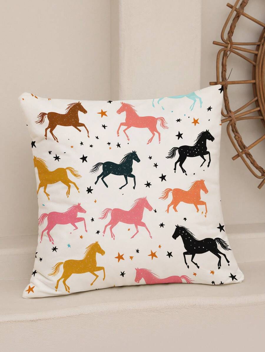 1 pièce Housse de coussin décoratif imprimé avec un cheval de bande dessinée minimaliste mode, sans rembourrage. Convient pour le canapé et le salon