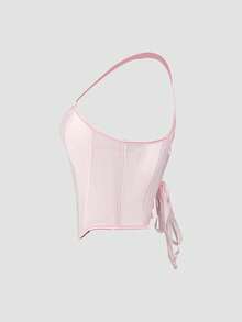 Yuwenier 缎面单肩系带露背不对称下摆塑身衣束身衣短款抹胸音乐节