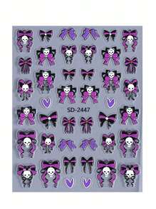 Pegatinas para uñas de Calavera de Moño 5D, 2 piezas, diseño de Corazón de Moño y Calavera, en colores púrpura, negro y blanco, decoración de uñas autoadhesiva, estilo Y2K japonés y coreano, para otoño e invierno, suministros de arte de uñas