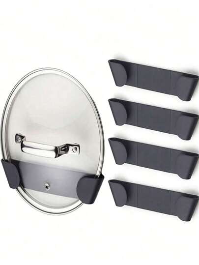 2/4 Soportes para cubiertas de ollas montados en la pared, caja de almacenamiento para cubiertas de ollas de cocina, fijador de cubiertas de ollas, instalación adhesiva en la pared, organizador de almacenamiento, fijador de cubiertas de ollas, instalación en pared de armario empotrado, colgador de cubiertas de ollas (Negro)
