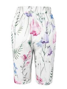 Jisfaneya Solid Color Non-Placement Floral Print Elastic Waist Pocket Casual Pants, Stretchy Fabric, Floral Print, Spring/Summer Versatile Capri Pants Pink - Pink - View 6