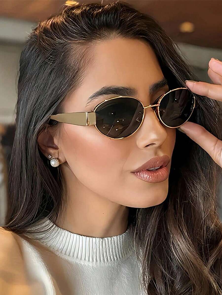 JUNCTURE نظارة أنيقة معدنية بإطار صغير بتصميم بيضاوي للنساء، نظارات أنيقة للسيدات، إكسسوارات شاطئية للنساء، نظارات شمسية أساسية للملابس النسائية الكاجوال والرسمية في فصلي الخريف والشتاء، هدايا بتصميم بيضاوي