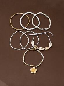 7pcs/Set Bohemian Beach Style Seashell Beaded Flower Anklet Set For Women