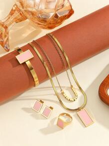 5 peças/conjunto Colar, Brinco, Pulseira, Anel, Conjunto de Joias Dourado e Preto de Concha de Aço Inoxidável de Camada Dupla, Acessórios de Festa e Moda