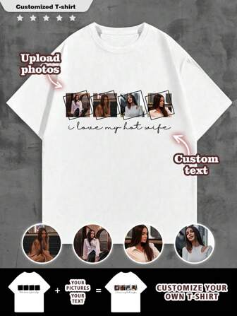 Camiseta personalizada para hombres con el texto "Amo a mi esposa ardiente". Personaliza tu texto, foto, nombre, selfie/bebé/amigo/ídolo/pareja/familia/fiesta/escuela/deportes/mascota. Impresión de fotos. Logo/empresa/uniforme de fiesta de la compañía. Regalo de cumpleaños, vacaciones, fiesta, boda.