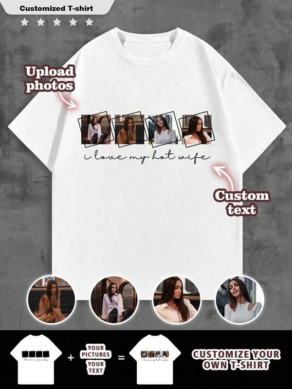 Customized "I Love My Hot Wife" Personalized Photo Men's T-Shirt, Customize Your Text And Photo, Customize Your Name, Customize Selfie/Baby/Friend/Idol/Couple/Family/Party/School/Sports/Pet Love Photos Print, Logo/Business/Company Party Uniform, Birthday Gift, Holiday Gift, Party Gift, Wedding Gift