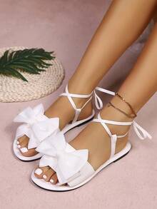 女士平底凉鞋，甜美蝴蝶结平底凉鞋，纯色优雅露趾凉鞋，交叉踝带设计凉鞋，休闲居家户外旅行度假平底凉鞋 - 白色 - 查看 1