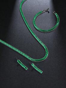 3pcs/Set Cubic Zirconia Rectangular Necklace, Bracelet & Earring Jewelry Set, Suitable For Women's Wedding & Party - Green - View 2