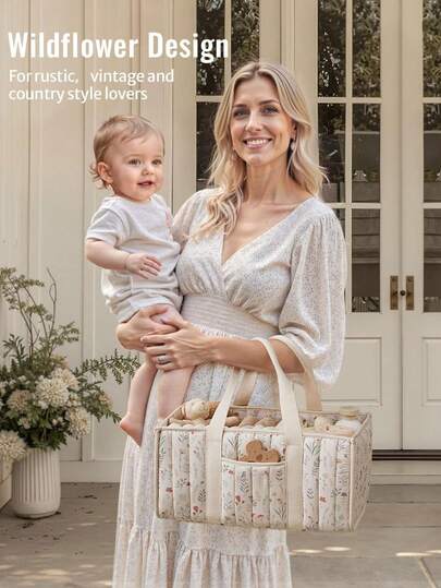 1pc Floral Diaper Caddy Organizer, Stylish Nursery Storage Basket - Gift For Baby Shower, Baby Registry Must Have, Newborn Essentials , Baby Caddy Organizer(Flower Prints In Randomized Positions)