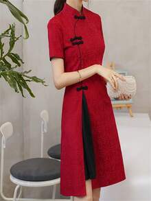 Button Design Short Sleeve Elegant Cheongsam Dress - Red - View 5