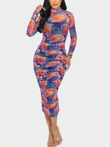 Spill Print Mesh Ruched Midi Dress  Tie Dye  All Over Print  Watercolor    Elegant  Party    Ruched  Split - 紫色/橙色 - 查看 7