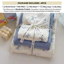1 套 4 件套白色和蓝色蝴蝶结床上用品套装，柔软，温柔少女风格，适合女性卧室/宿舍装饰，所有季节（1 个羽绒被套 + 1 个床单 + 2 个枕套），枕套图案随机剪裁