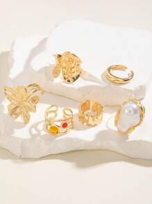 6pcs/Set Vintage Elegant Baroque Irregular Geometric, Floral Faux Pearl Colorful Faux Gemstone Textured Heart Metal Adjustable Rings Set, Suitable For Women's Daily And Party Wear, Gifts, All Seasons