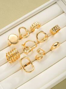 Set di 10 pezzi di anelli aperti asimmetrici di stile vintage a moneta geometrica per donne, adatto per vacanze, feste, appuntamenti, uso quotidiano, regalo (senza scatola)