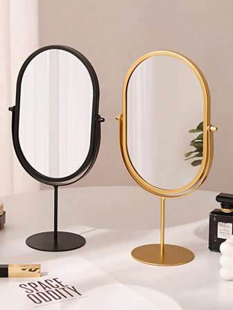 1 PIEZA Espejo de maquillaje ovalado de moda con marco de metal, sin batería, espejo de tocador portátil para dormitorio/dormitorio/viaje, espejo de tocador de escritorio con LED (opción sin LED), regalo para mujeres/adolescentes/amantes del maquillaje, perfecto para el Día de la Madre, San Valentín, decoración de cumpleaños