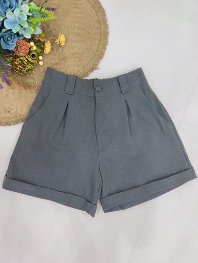 Short Feminina de Cintura Alta Com Elastano Atrás e Com Detalhe Pregas | Com Bolso Zíper e Botão | Verão