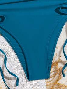 Fashionable New Solid Color Drawstring One Piece Swimsuit For Women - Teal Blue - View 7