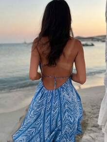 Women Halter Deep V-Neck Backless Vacation Midi Dress - Blue - View 3