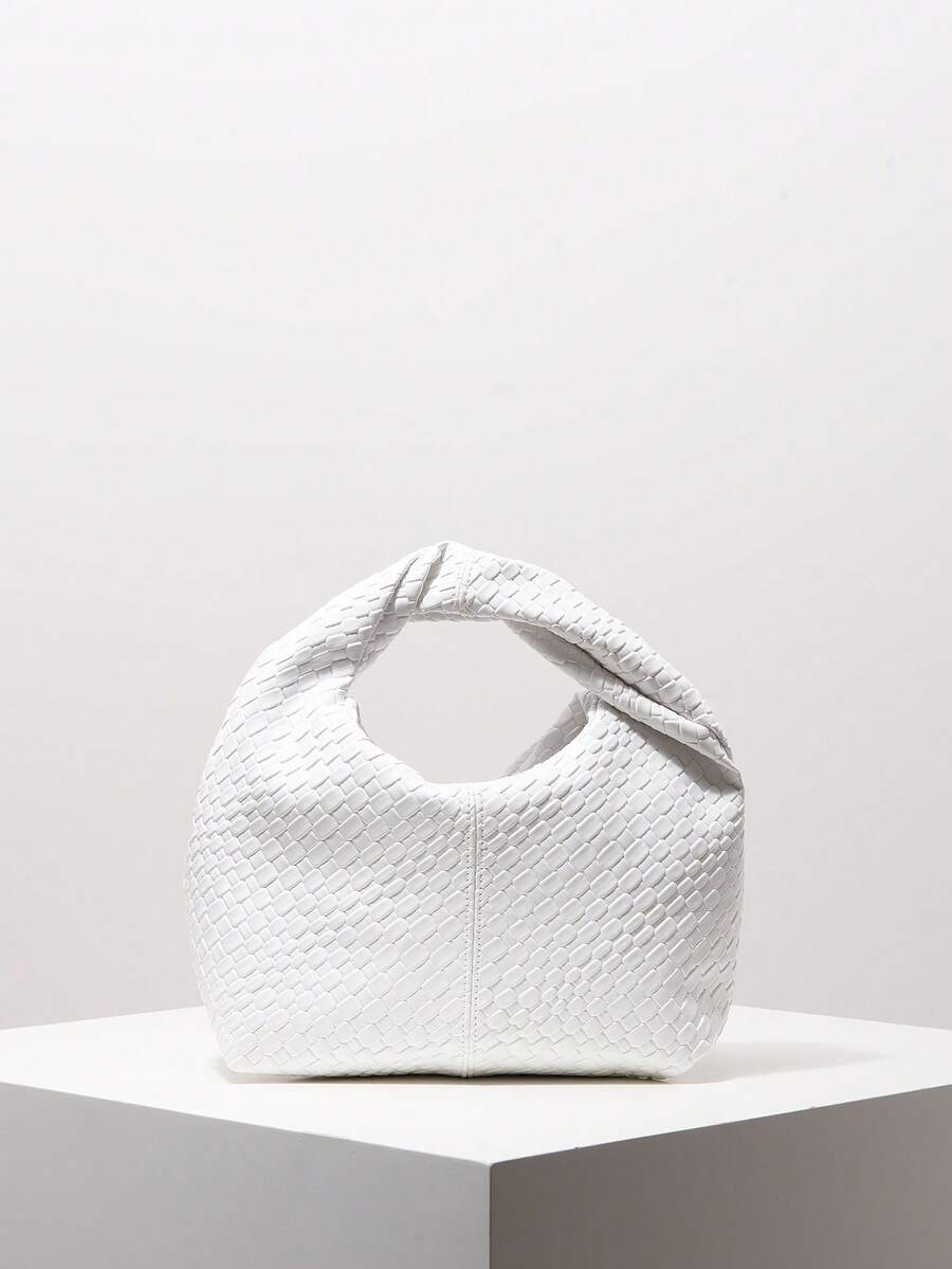 1pc Fashionable Twisted Squared Handbag, Retro Woven Faux Leather Women's Tote Bag, Work Bag For Women, Premium Pleated Bag (Pattern Randomly Assorted) - White - View 1