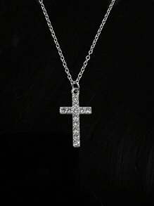 Gothic Style Rhinestone Studded Cross Stainless Steel Necklace For Women & Men