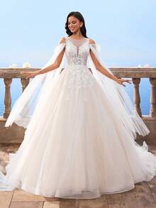 HEARBOBO 圣诞节重工刺绣蕾丝端庄优雅女士A字网纱仙女风冬白色婚纱，带拖尾，新年白色礼服 - 白色 - 查看 8