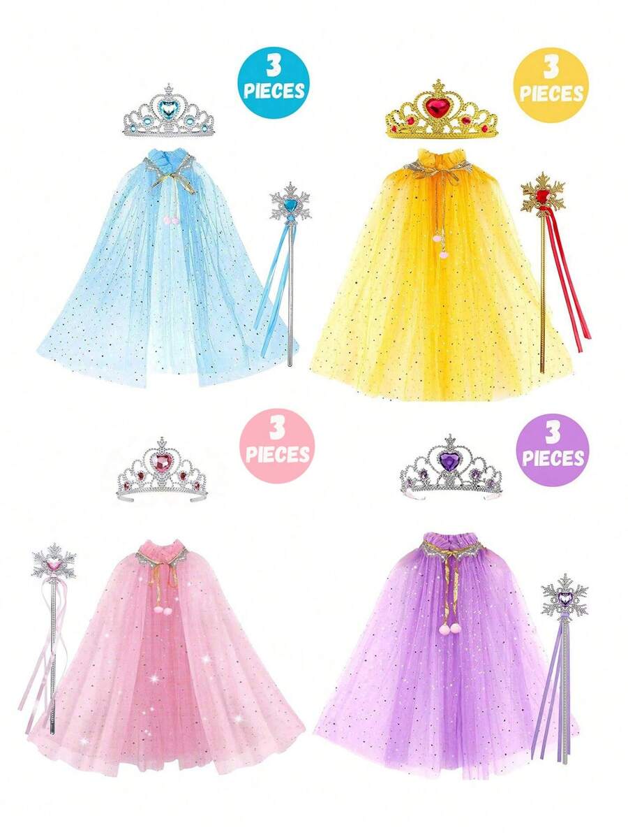 3 Peças Conjunto de Fantasia de Princesa, Varinha Mágica e Capa, Adequado para Meninas Pequenas se Fantasiarem, Jogos de Fantasia, Acessórios para Festas de Interpretação de Papéis em Feriados, É uma Escolha Ideal para Dar de Presente a Meninas