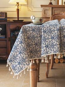 1 szt. Vintage Elegancki Niebieski I Biały Porcelanowy Drukowany Obrus Z Frędzlami, Prostokątny Wzór Kwiatowy Na Stolik Kawowy, Pokrowiec Na Szafkę Nocną, Wystrój Domu, Nadaje Się Do Jadalni, Imprezy, Święta Dziękczynienia, Uroczystości, Na Zewnątrz, Ogród, Kemping Jesienią