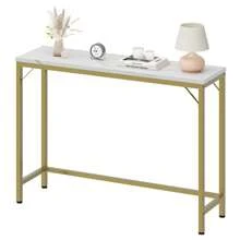 Konsolentisch Gold, Beistelltisch, Oberfläche aus Marmoriertes Muster, Sofatisch, Flurtisch, Ausstellungstisch Gold für Wohnzimmer, Flur, Schlafzimmer, Metallrahmen, Verstellbare Füße, 100x80x23CM