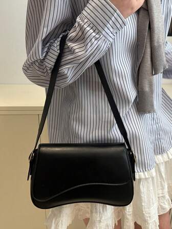 Bolso de hombro con solapa de unicolor minimalista, bolso bandolera clásico de textura para mujer