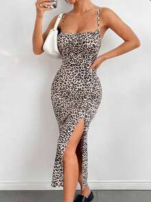 Vestidos casuales para mujer con estampado completo, corte midi, abertura lateral y tirantes finos – estilo moderno y fresco tipo camisola para verano - Leopardo - Ver 5