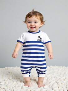Baby Boys Cute Casual Gift Outdoor Comfortable Soft Cartoon Horse & Letter Print Colorblock Striped Crew Neck Short Sleeve Romper, Summer