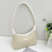 Bolso de mujer de grano de lichi PU, bolso de hombro de moda para mujer, bolso de mano de unicolor con cierre de cremallera y muñequera, forro de poliéster, versátil bolso de almohada para debajo del brazo - Disponible en blanco, negro, rosa, caqui, marrón