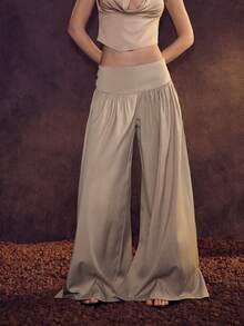 Glamine Vintage Low Waist Wide Leg Culottes, Relaxed Fit Slimming Loose Pants For Women - Khaki - View 1