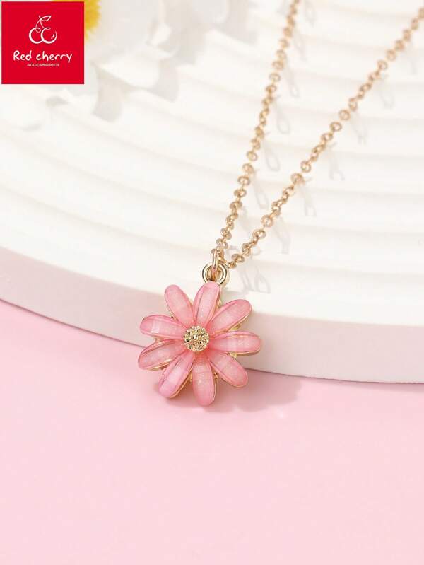 1 Stück Mädchen Rosa Blumen & Goldenes Herz Form Halskette, geeignet für den täglichen Gebrauch und Outdoor-Mädchen