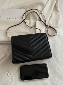 便携、商务休闲时尚、时尚迷你 V 形链条翻盖方形包，适合少女、女大学生、教师、白领、新秀和白领人士，非常适合办公室、工作、商务、通勤、户外、旅行、郊游、教师节、购物、办公室、教师礼物、度假、工作、节日、返校 - 黑色 - 查看 4