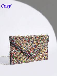 Cezy 1 pieza Bolso de mano con adorno de cristal de moda - Correa para el hombro desmontable - Cierre magnético - Forro de poliéster - Estilo brillante similar a diamantes para fiesta - Excelente regalo para mujeres