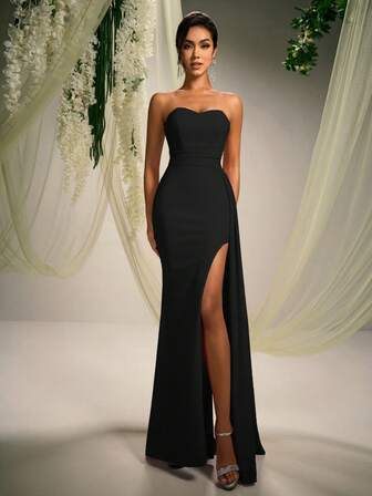 Aoshababi Damklänning med axelbandslös passform, hög slits, sidodrapering, rygglös dragkedja och formell passform (deluxeversion), lämplig för alla formella tillfällen, musikfestivaler, galor, bröllopsgäster, högtidsfester, examen, cocktailevenemang, dejter, helgdagar och brudtärnor, elegant