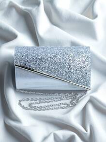1pc Sparkling Sequined Fabric Ladies Evening Clutch Bag With Metal Decor Strap, Suitable For Wedding, Gala, Nightclub, Party, Birthday Gift, Valentine's Day Gift