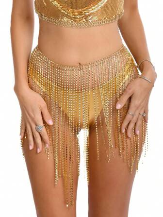 1pc Sexy Sparkling Multi-Layer Tassel & Rhinestone Waist Chain, Cocktail Party Bikini Jewelry Accessories For Women