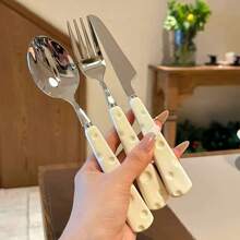 3 pezzi posate in acciaio inossidabile, coltello, forchetta e cucchiaio, set di posate, coltello da bistecca a forma di formaggio e forchetta, cucchiaio da dessert, forchetta, posate occidentali con manico in ceramica imitation