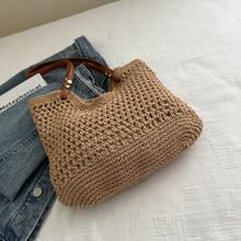 网格编织沙滩单肩旅行包大容量腋下斜跨设计百搭镂空编织渔网包女士沙滩包2025新款大容量编织草编包网红手提托特包