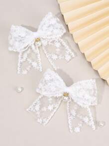 2 pezzi Fiocchi bianchi per capelli per ragazze, fermagli per capelli con fiocchi di pizzo eleganti, decori con perle bianche, fermagli per capelli estivi per adolescenti, accessori per capelli