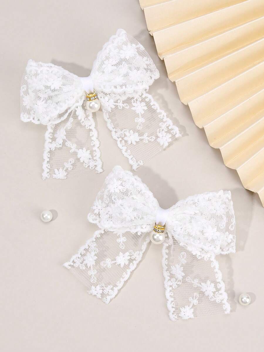 2 pezzi Fiocchi bianchi per capelli per ragazze, fermagli per capelli con fiocchi di pizzo eleganti, decori con perle bianche, fermagli per capelli estivi per adolescenti, accessori per capelli