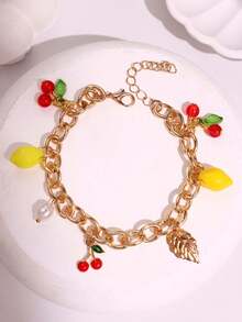 1 件时尚创意独特精致百搭活力水果柠檬樱桃珍珠链手链，非常适合女性在夏季参加海滩派对时佩戴 - 彩色 - 查看 2